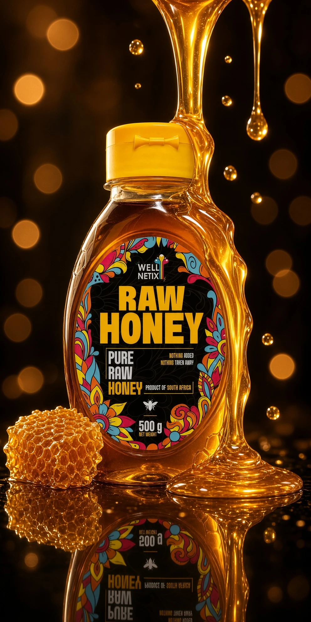 Wellnetix Raw Honey squeeze bottle with golden honey dripping