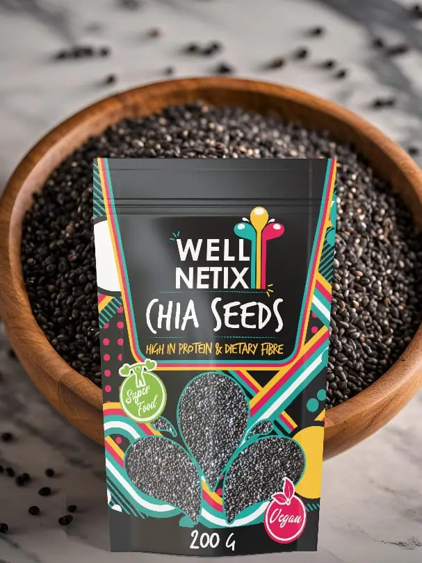 Wellnetix Chia Seeds 200g in a bowl